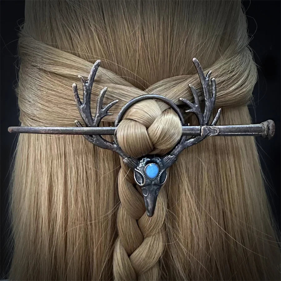 New Gothic Retro Cow Skull Skeleton Moonstone Hair Clips Hairpins for Women Fashion Deer Horn Hair Stick Hair Styling Tools - Clikcy