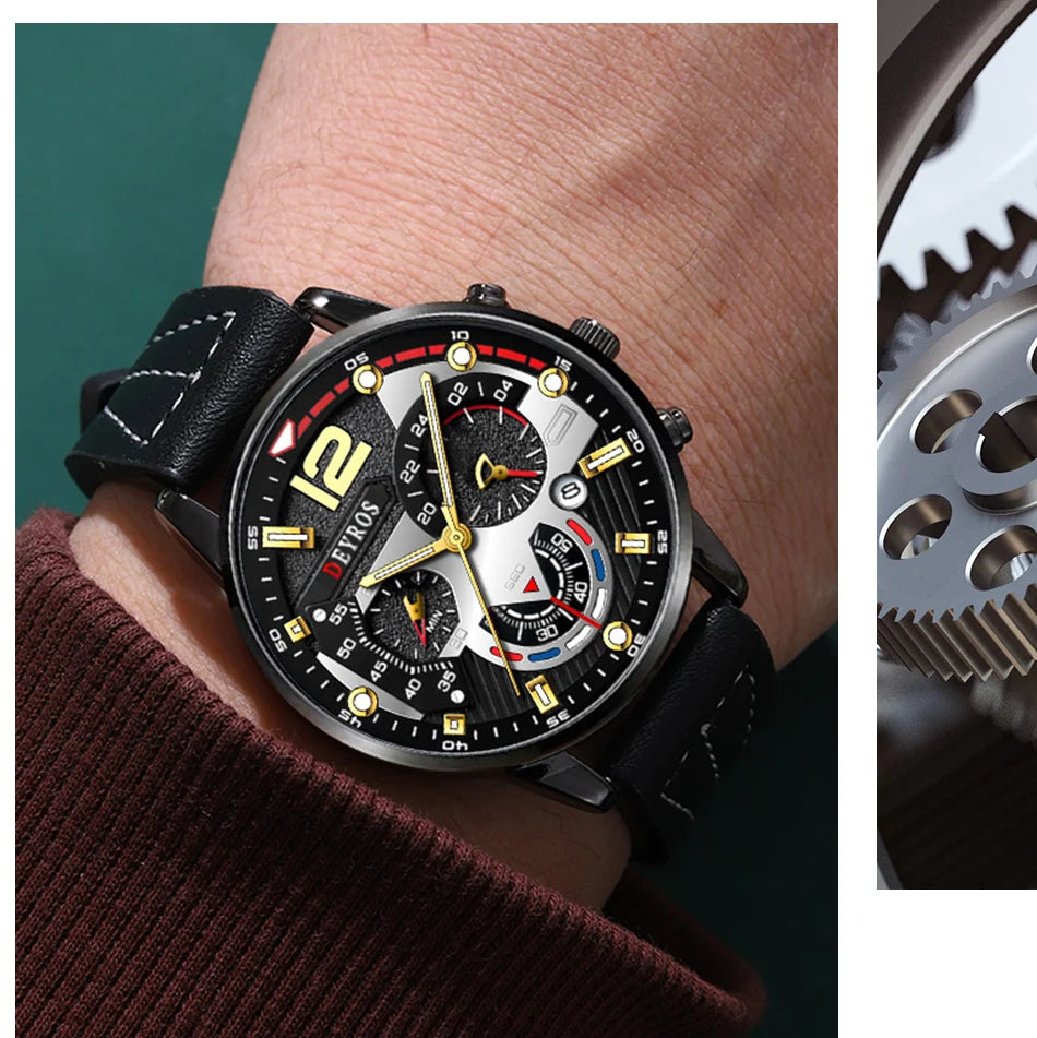 3PCS Set Fashion Mens Watches Luxury Black Leather Quartz Wristwatch Calendar Date Men Business Casual Watch Bracelet Necklace - Clikcy