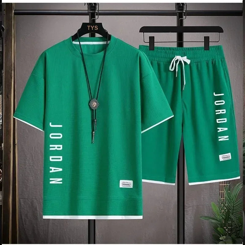 Summer men breathable quick dry jogging basketball sports suit fashion short-sleeved casual crewneck T-shirt + shorts two-piece - Clikcy