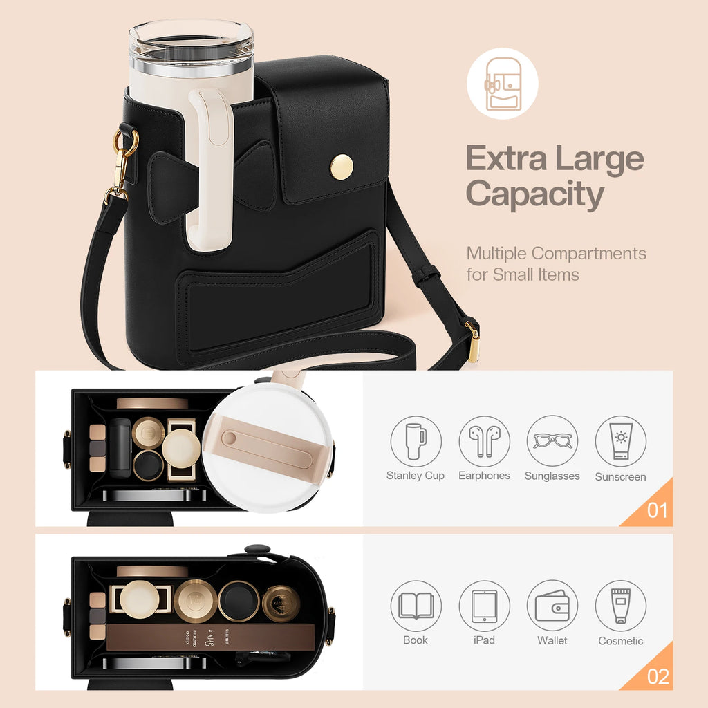 Outdoor Water Bottle Crossbody Bag With Pocket for Stanley Cup 40 oz Tumbler Leather Water Cup Holder With Strap for Women Gifts - Clikcy