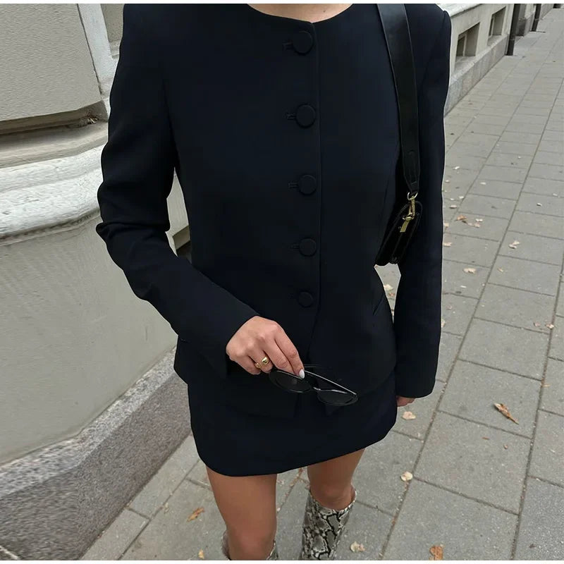Urban Solid Blazer Skirt Set Women Slim O-neck Single Breasted Jacket Mini A-line Skirt 2025 Spring Elegant Lady Office Outfit