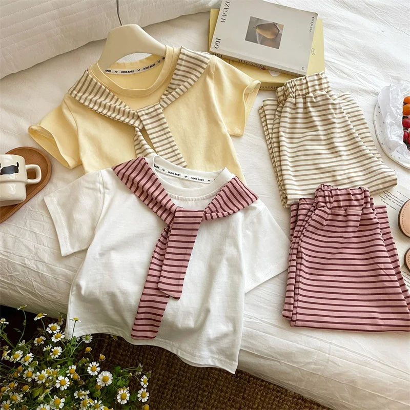 Girls Suit Summer Short-sleeved T-shirt With Stripes Shawls+Pants 2Pcs Outfits Kids Casual Clothes Children's Fashion Sets 1-12Y - Clikcy