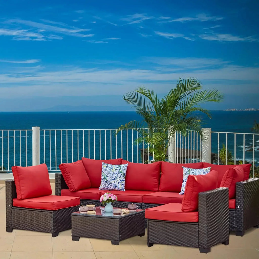 7 Pieces Outdoor Patio Furniture Sets, PE Rattan Wicker Patio Conversation Set with Tea Table - Clikcy