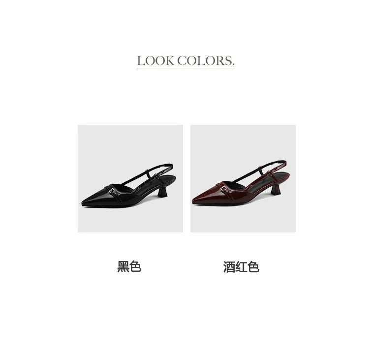 2024 New Summer Women's Dress Shoes Patent Leather Slip on Pointed Toe Sandals Buckle Slingbacks Mid Heels Pumps Sandalias Mujer - Clikcy