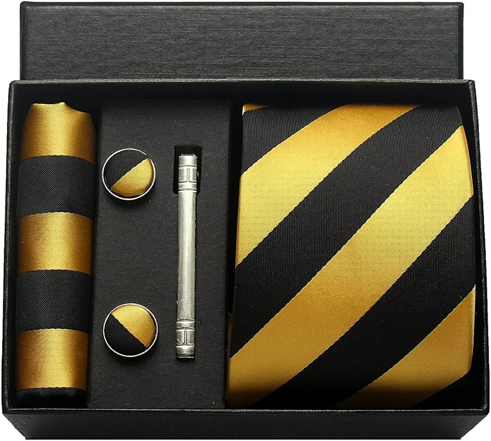 Classic 100% Silk Men's Ties In Gift box 8cm Plaid Dot Striped Business Necktie Handkerchief Cufflinks Wedding Party Tie Set