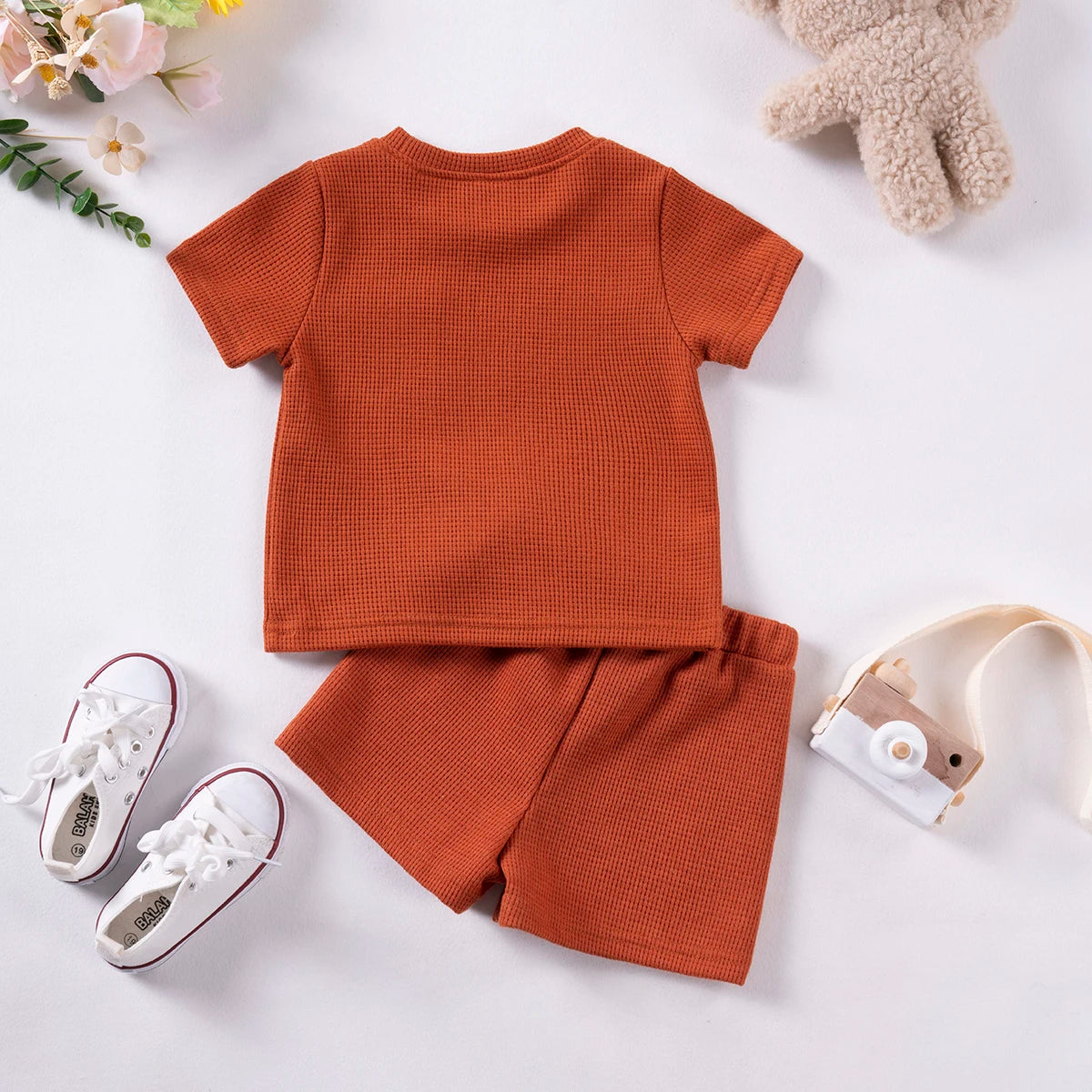 Kids Suit Summer Boys Girls Solid Colour Suit 0-6Y Cute Bear Short Sleeve + Breathable Shorts 2pcs Comfortable and Skin-friendly - Clikcy