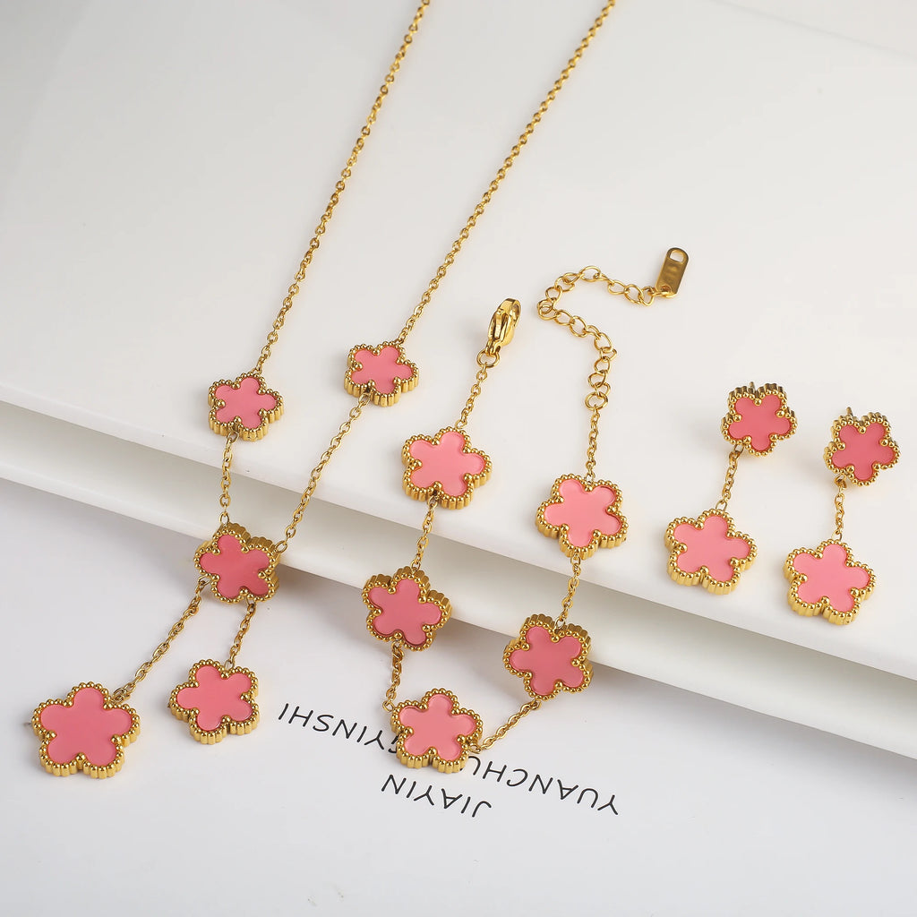 3Pcs 18k Gold-Plated Five-Leaf Flower Necklace Earrings Bracelet Jewelry Set For Woman Fashion Party Jewelry Daily Wear Clover - Clikcy