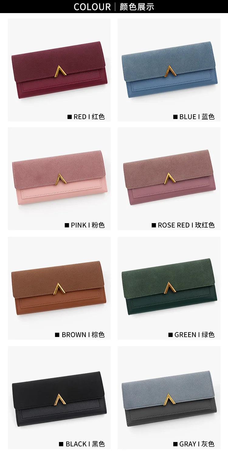 New Korean version women's wallet long V-shaped buckle three fold wallet for women, hand-held bag, change card bag - Clikcy
