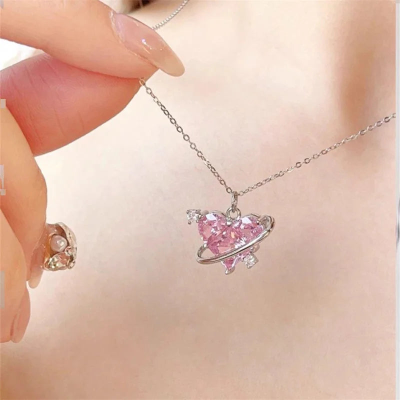 Y2K Pink Planet Heart Zircon Pendant Necklaces Women Fashion Aesthetic Clavicle Chain Necklace Valentines Day Gift Party Jewelry - Clikcy