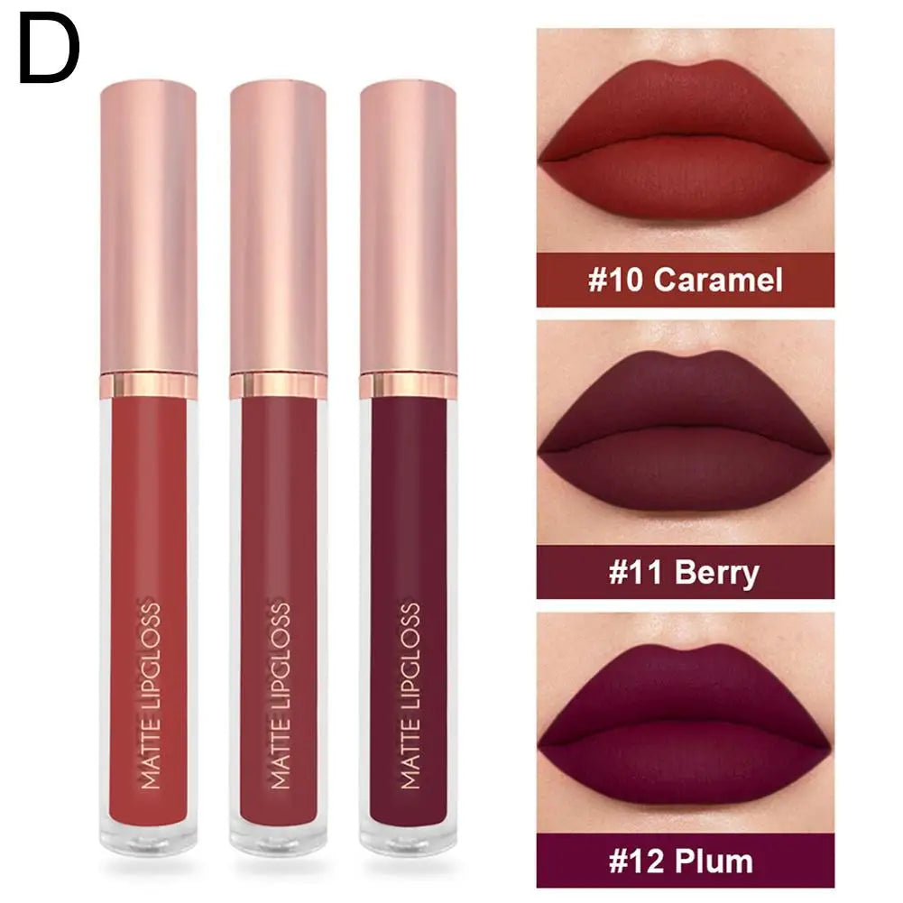 3Pcs Matte Liquid Lipstick Lip Makeup Kit Lip Gloss Lip Glaze Lip Mud Three Sets Of Velvet Mist Lipstick Non-fading - Clikcy