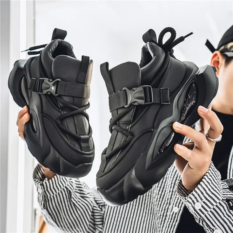 Waterproof Thick Bottom Dad Shoes Outdoor Sports Black Leather Surface Pure Color Spring Autumn Seasonal Style Casual Sneakers