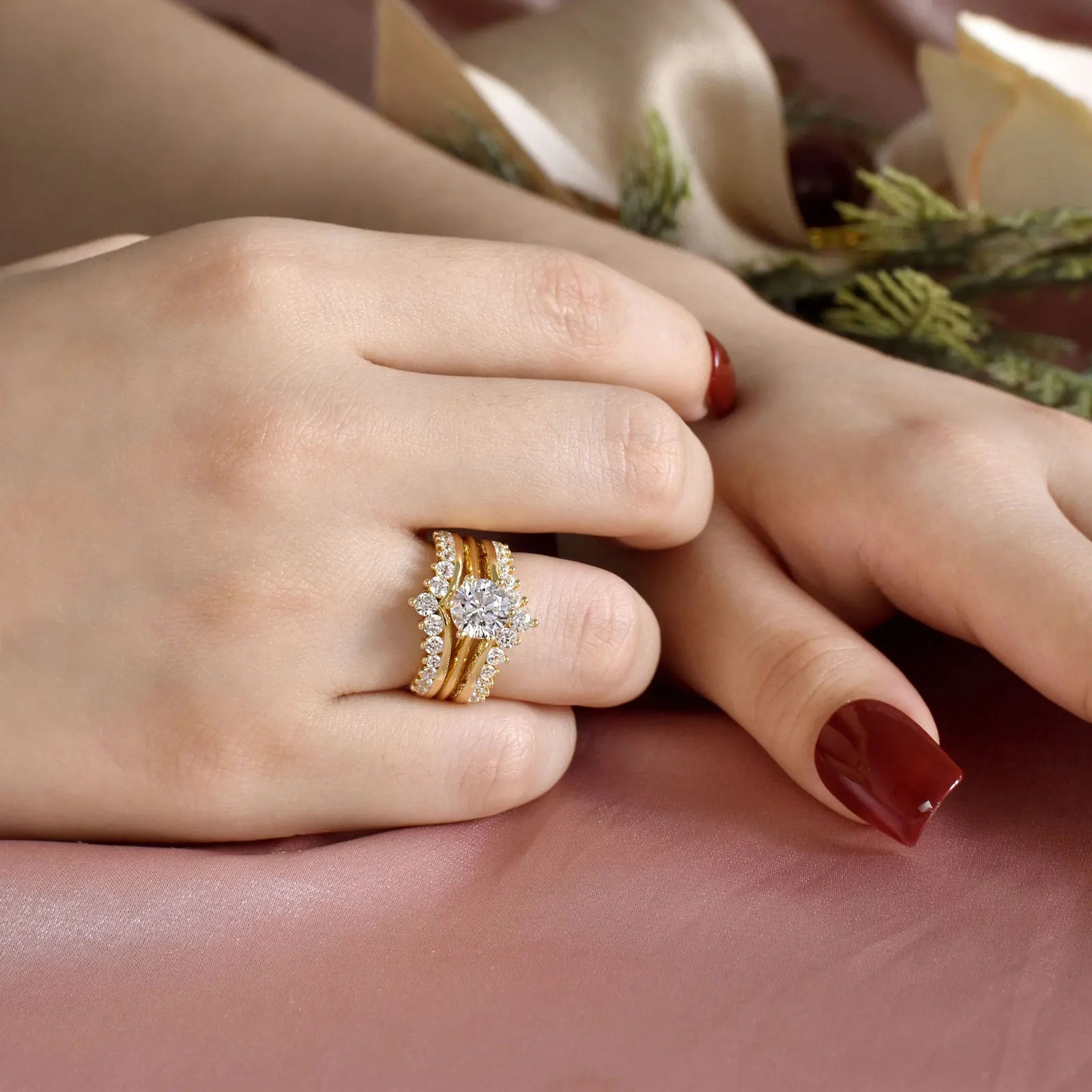 Newshe 14k Yellow Gold Bridal Ring Set for Women 2Ct Round Cut AAAAA Cubic Zircon Wedding Engagement Anniversary Band BR1167_Y - Clikcy