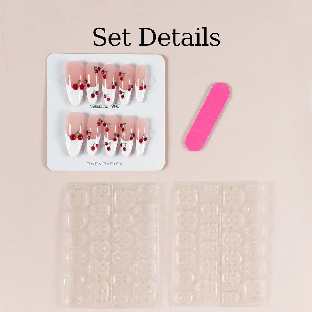10pcs Y2K Removable Handmade Press on Nails Hand Painted Cherry Pattern Design Fake Nails Cute White Sweet Almond Patch Nail - Clikcy