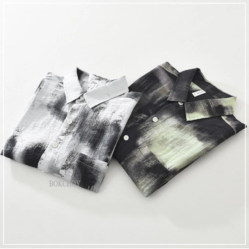 2025 Spring Summer New Vintage Tie-dye Printed Short Sleeve Shirts for Men Clothing Turn-down Collar Male Shirts CM8136 - Clikcy