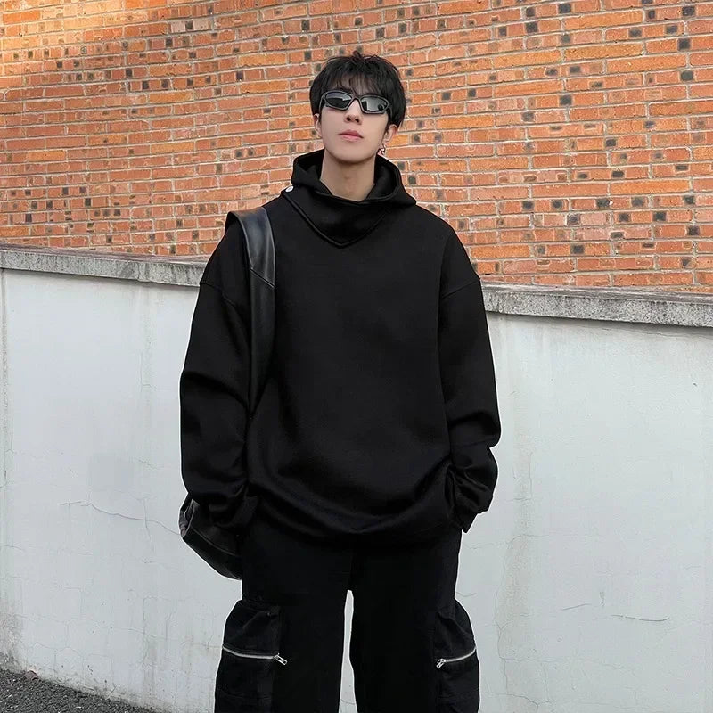 Autumn Y2K Vintage Turtleneck Design Hooded Sweatshirts Men's Solid Color Pullover Hoodies New High Street Fashion Tracksuit - Clikcy