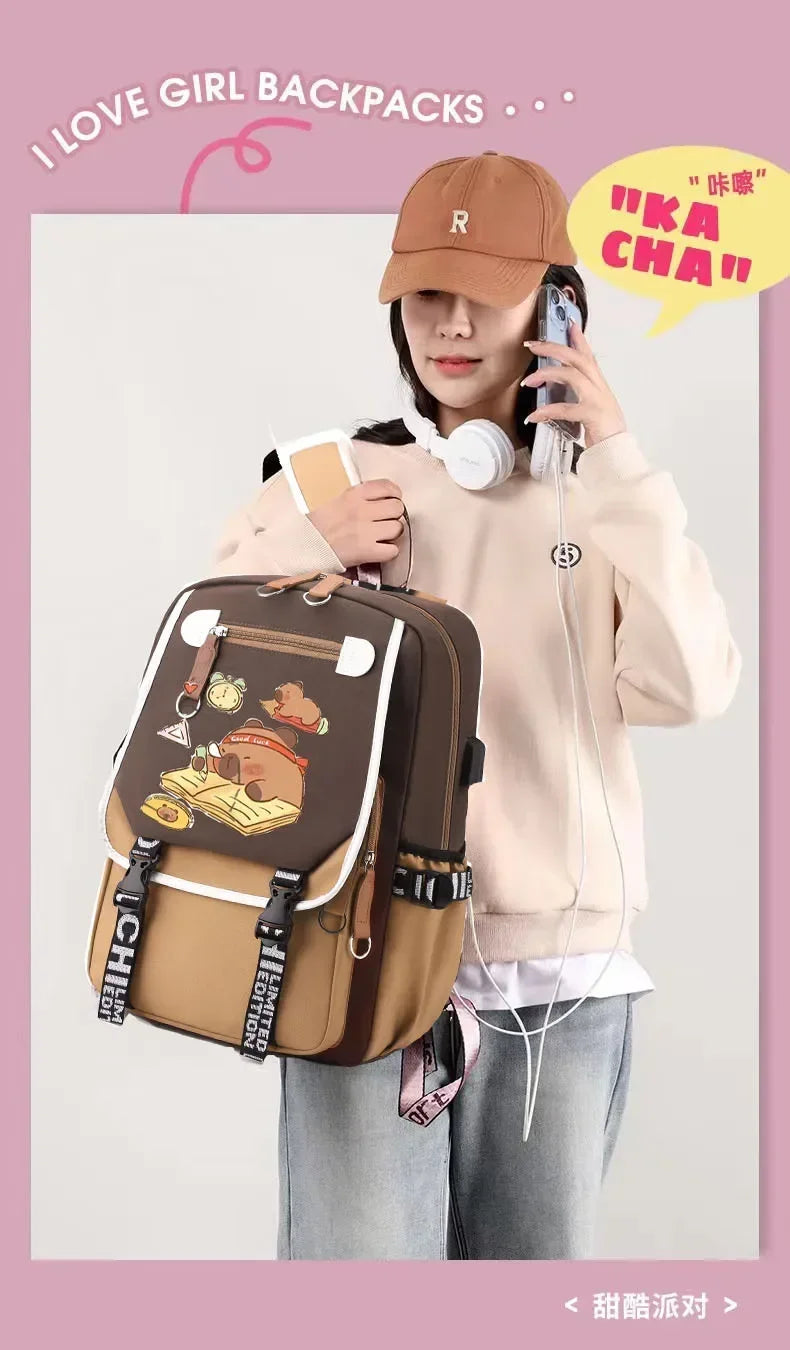 Stylish Kawaii Capybara Computer Backpack College School Casual Daypack Teens Bag Large Capacity Adjustable Strap Schoolbag - Clikcy