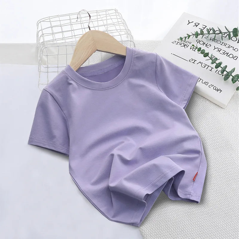 Summer Solid Color Children Cotton T-shirt for Boys Girls White Tops Tees Kids Clothes 2-10Y Student Casual Tee - Clikcy