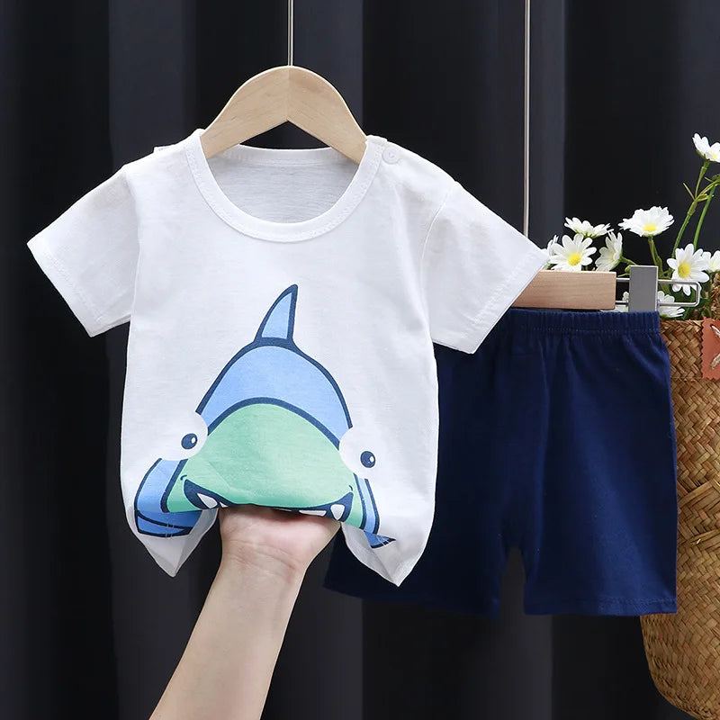 Child Clothing Sets Boys Cartoon Print Tshirt Simple Fashion Tees Shorts New Cute Tops Tracksuits Kids Short Sleeve Tops Shorts - Clikcy