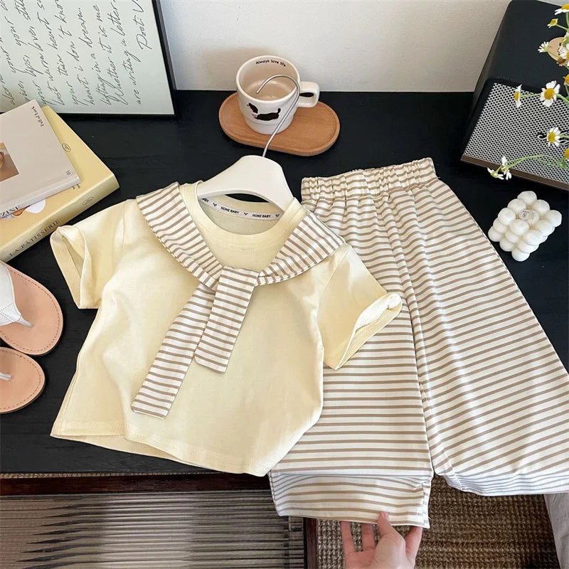 Girls Suit Summer Short-sleeved T-shirt With Stripes Shawls+Pants 2Pcs Outfits Kids Casual Clothes Children's Fashion Sets 1-12Y - Clikcy