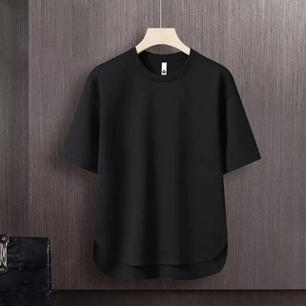 Men's Two-piece Breathable T-shirt Suit Round Hem Short-sleeved Trousers Loose Suit Monochrome Summer Trend - Clikcy