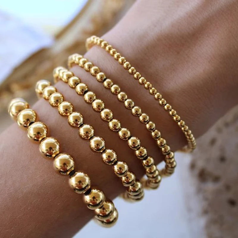 MHS.SUN Trend Stretch Stainless Steel Bracelets Gold Sliver Color 2MM 5MM 8MM Stacked Ball Beaded Bracelet For Women Men Jewelry - Clikcy