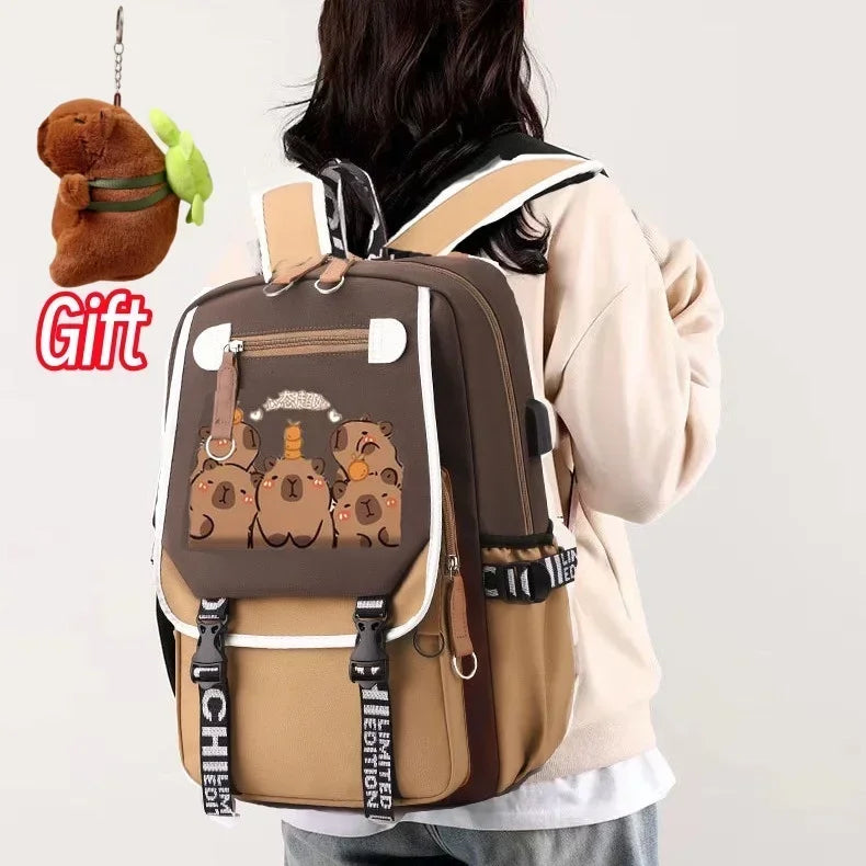 Stylish Kawaii Capybara Computer Backpack College School Casual Daypack Teens Bag Large Capacity Adjustable Strap Schoolbag - Clikcy