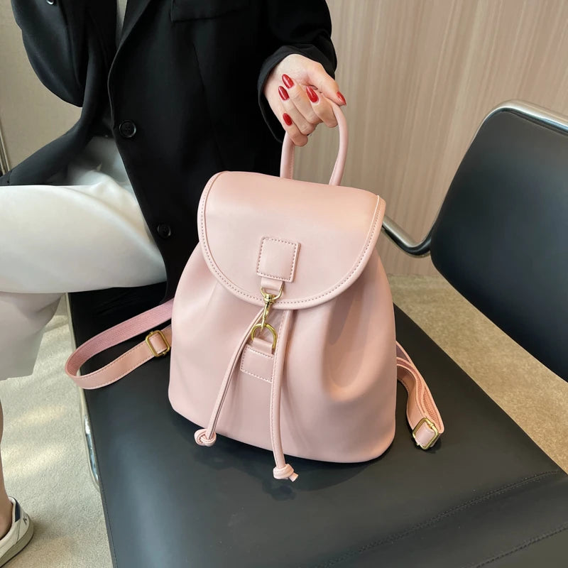 Genuine PU Leather Backpack Female Large Capacity Casual School Bag Solid Drawstring Travel Shoulder Bag Korean Fashion Backpack - Clikcy