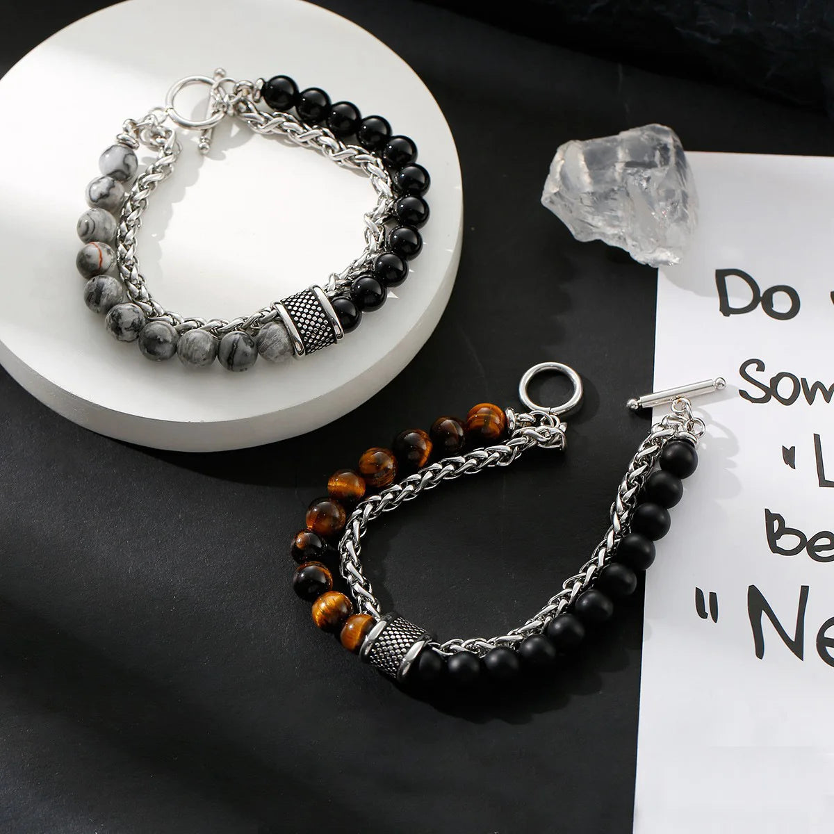 Natural Stone Tiger Eye Stainless Steel Chain OT Button Double Bead Bracelet For Men Hand Chain Accessories 2025 New - Clikcy