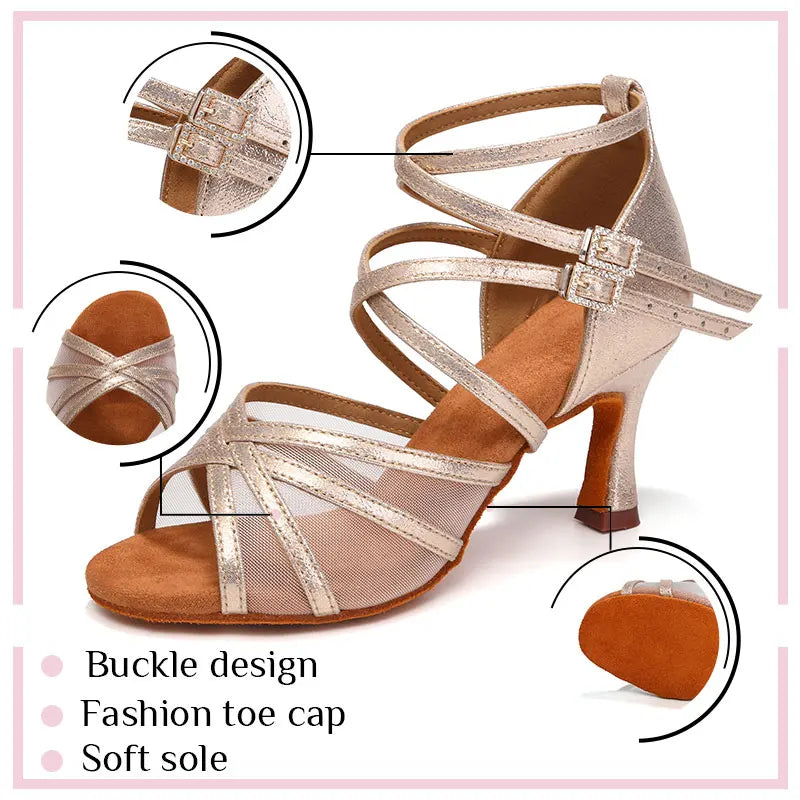 SWDZM Women Latin Dance Shoes Girls Ballroom Dance Shoes Soft Bottom High heel Ladies practice Latin Salsa Shoes heeled 7.5CM - Clikcy