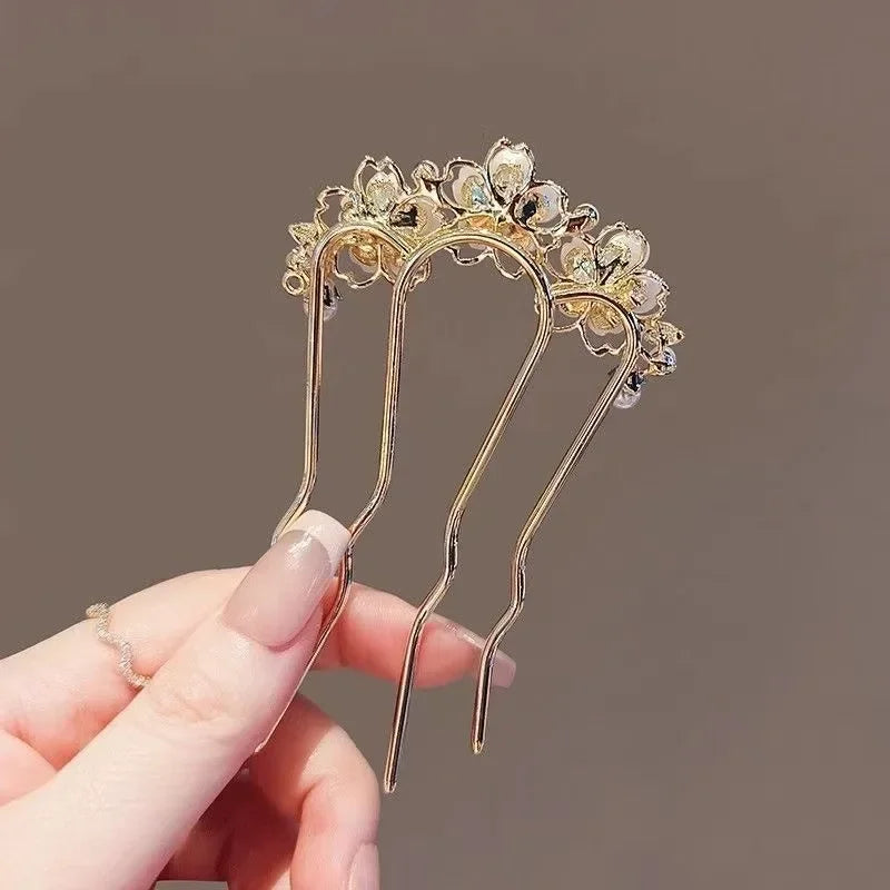 Pearl Flower Wavy Hair Combs for Women Elegant Forest Style U-shaped Hairpin High-end Metal Bun Head Hair Clasp - Clikcy