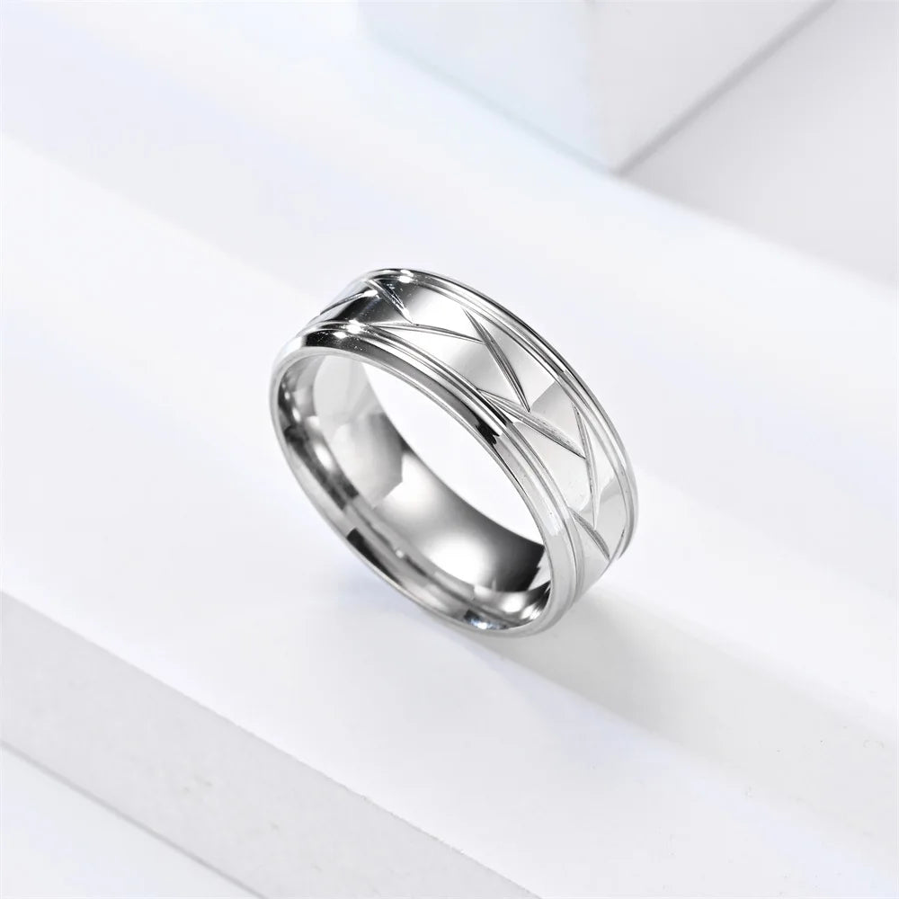 Fashion Men’s Silver Color Black Stainless Steel Ring Groove Multi-Faceted Ring for Men Women Engagement Ring Anniversary Gifts - Clikcy