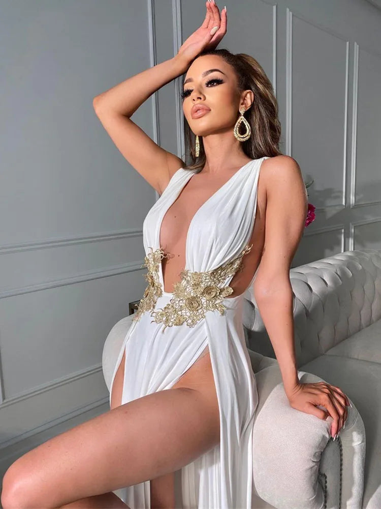 Sexy Deep V Neck High Split Evening Cocktail Maxi Dress Women Backless Embroidery Beading Long Formal Wedding Party Dress - Clikcy