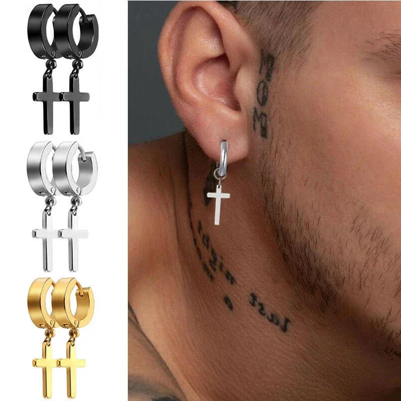 2pc Stainless Steel Men Cross Stars Punk Dangle Earrings Gothic Woman Cross Ear Hoop Earrings Huggies Pendant Piercing Jewelry - Clikcy