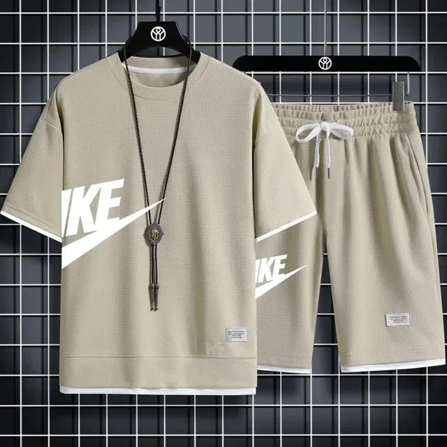 2024 Men's casual two-piece tracksuit Short sleeve and pants Summer Sports Fitness Jogging men's waffle suit fake two pieces - Clikcy