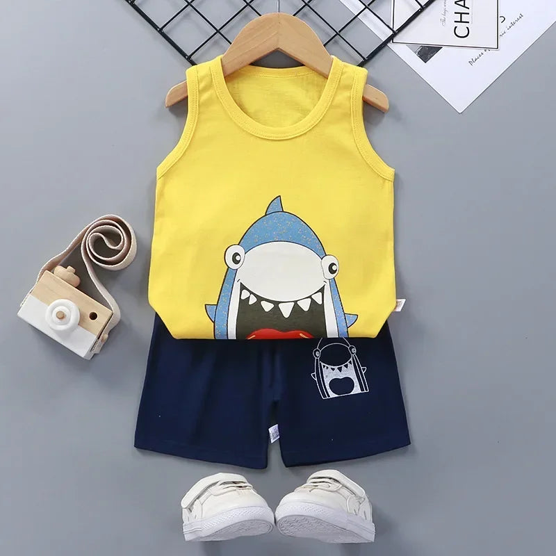 Children Sets Kids Clothes Boys Girls Vest Suit  Summer Children's Clothing baby Cotton T-Shirts Shorts Tank Top Sleeveless - Clikcy