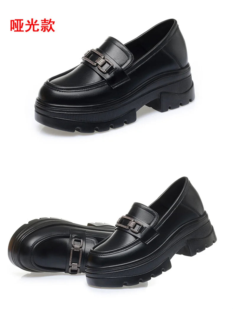 Platform Loafers New Women's Shoes Soft Leather Thick Heels British Small Round Toe Metal Decoration White Leather Shoes - Clikcy
