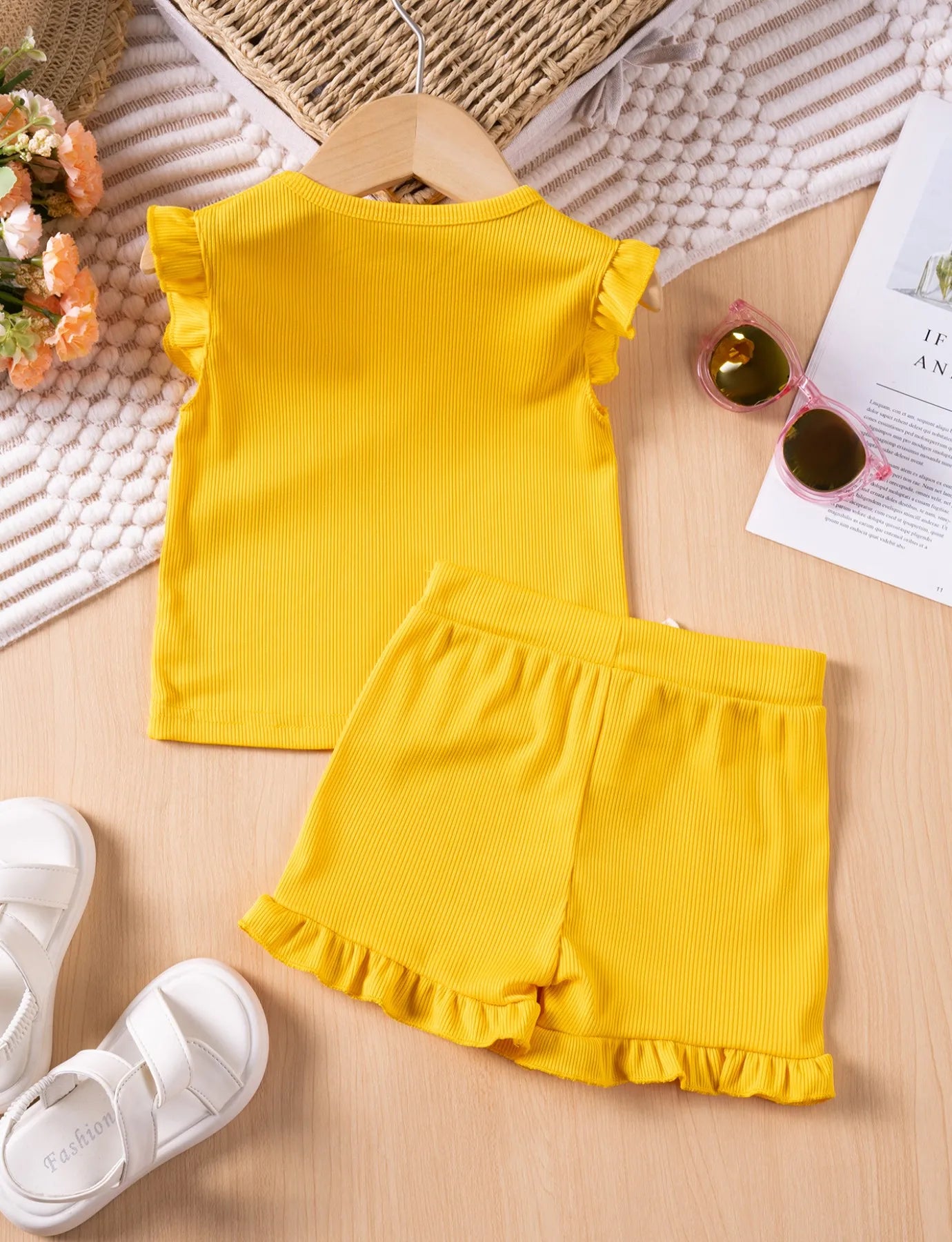 Summer Toddler Girl Ruffle Sleeve 2pcs Set Sleeveless T-shrits Top and Shorts Outfit for Kids Girls Solid Suit Clothing - Clikcy
