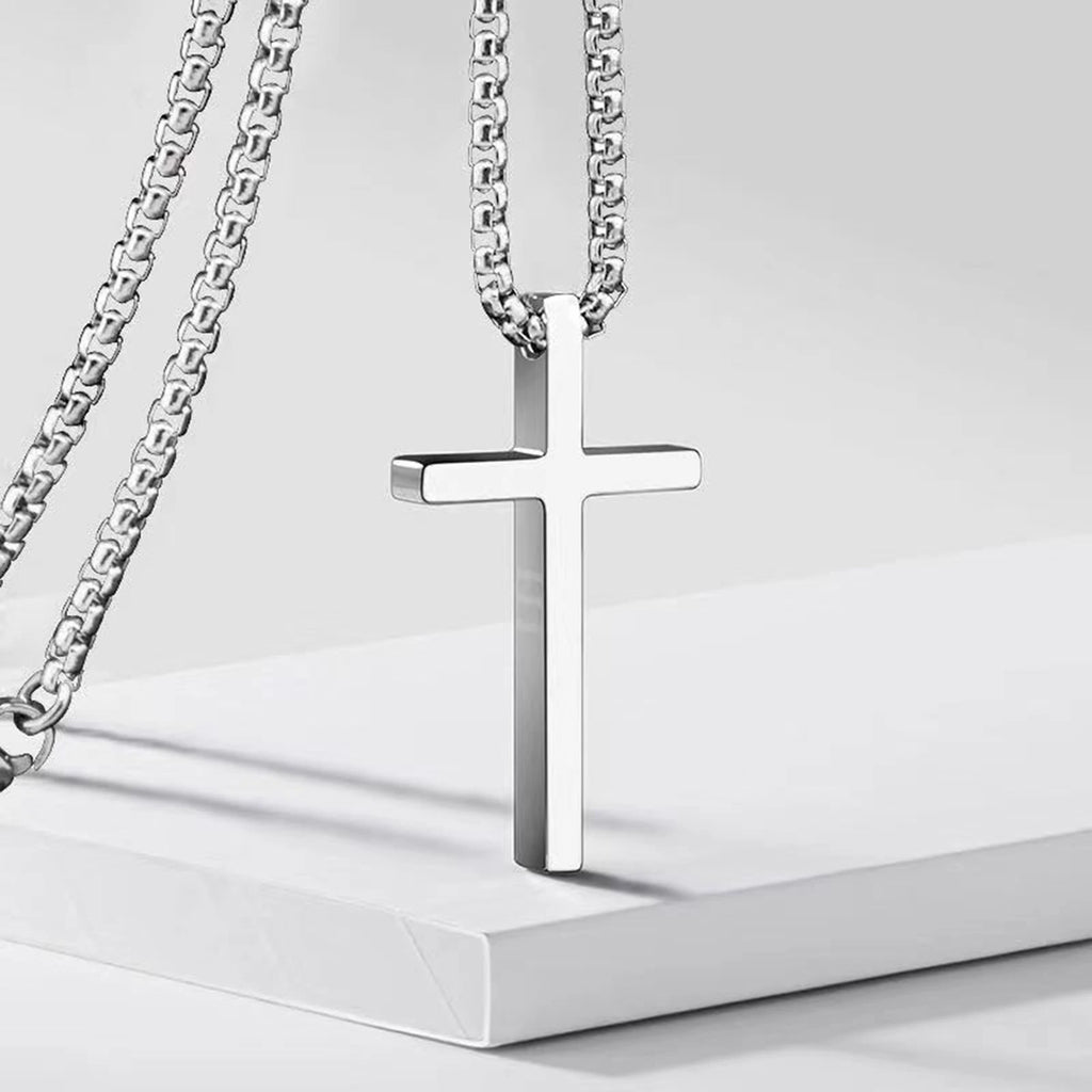 Vnox Cross Necklace for Men Women, Silver Color Plain Cross Pendant Collar with Stainless Steel Box Chain - Clikcy