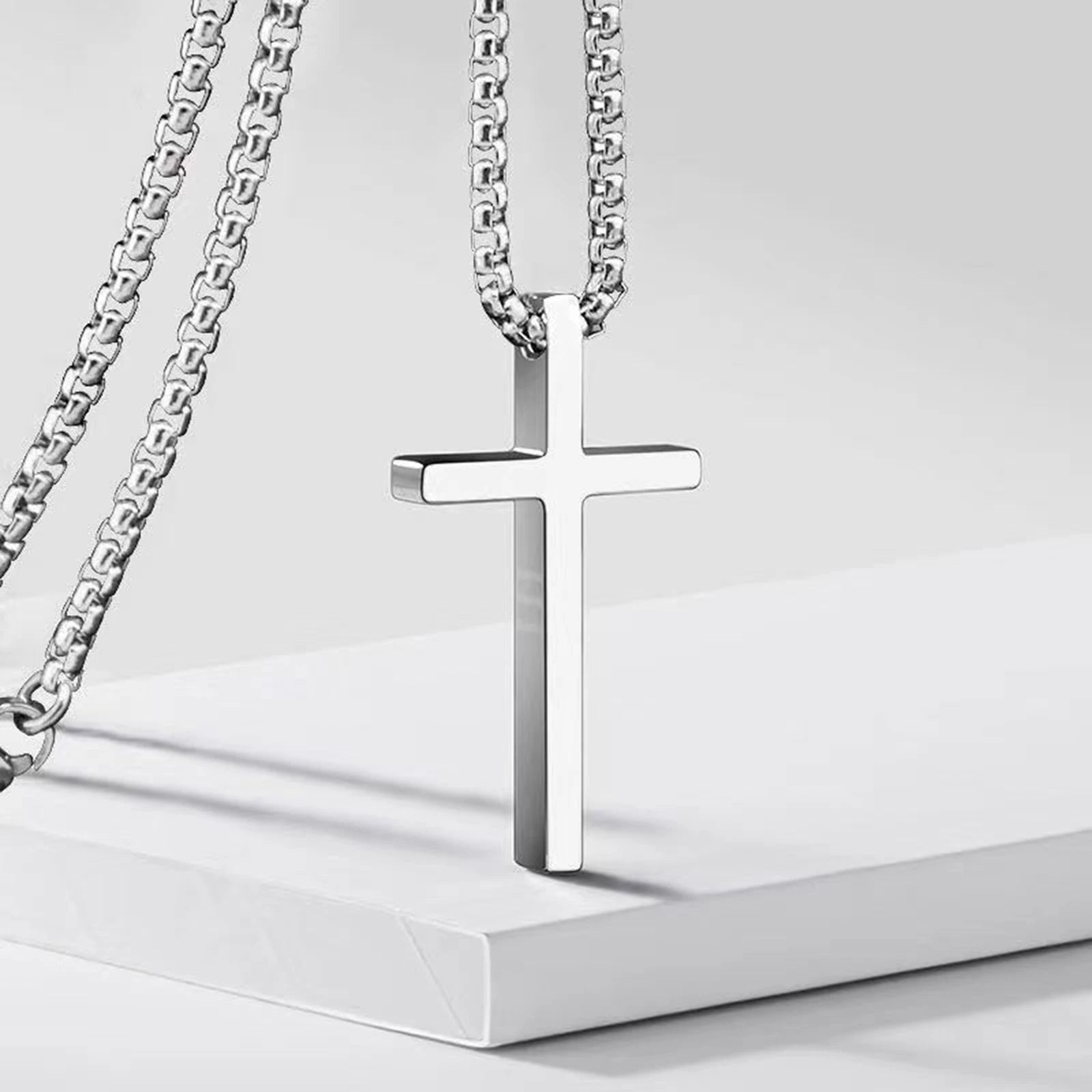 Vnox Cross Necklace for Men Women, Silver Color Plain Cross Pendant Collar with Stainless Steel Box Chain - Clikcy