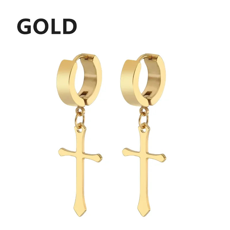 2pc Stainless Steel Men Cross Stars Punk Dangle Earrings Gothic Woman Cross Ear Hoop Earrings Huggies Pendant Piercing Jewelry - Clikcy