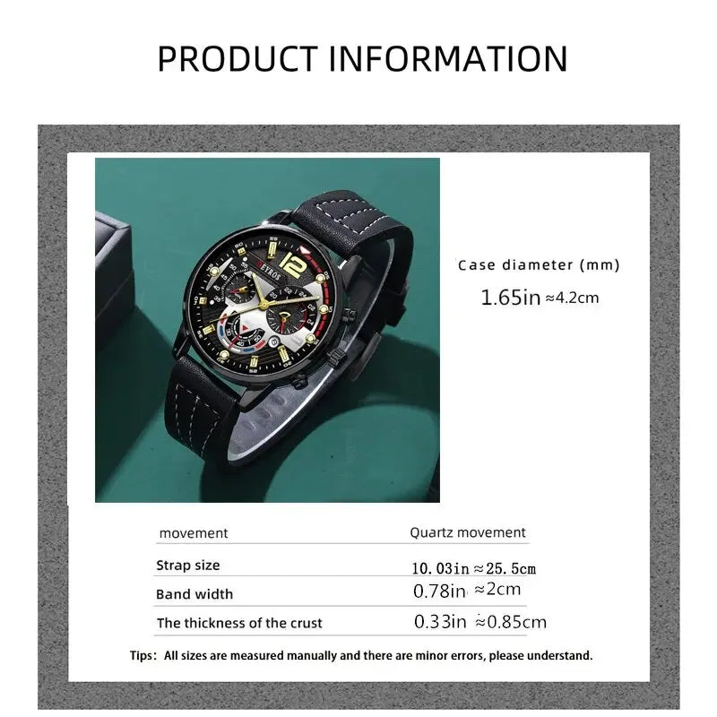 3PCS Set Fashion Mens Watches Luxury Black Leather Quartz Wristwatch Calendar Date Men Business Casual Watch Bracelet Necklace - Clikcy