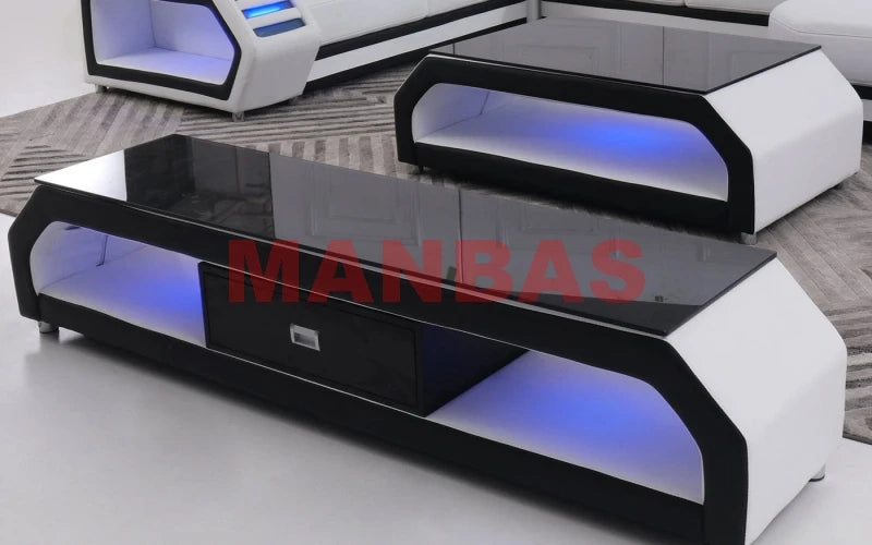 MANBAS Italian Genuine Leather Sectional Sofa with LED Lights | Futuristic Furniture U Shape Couch Living Room Big Sofas Set - Clikcy