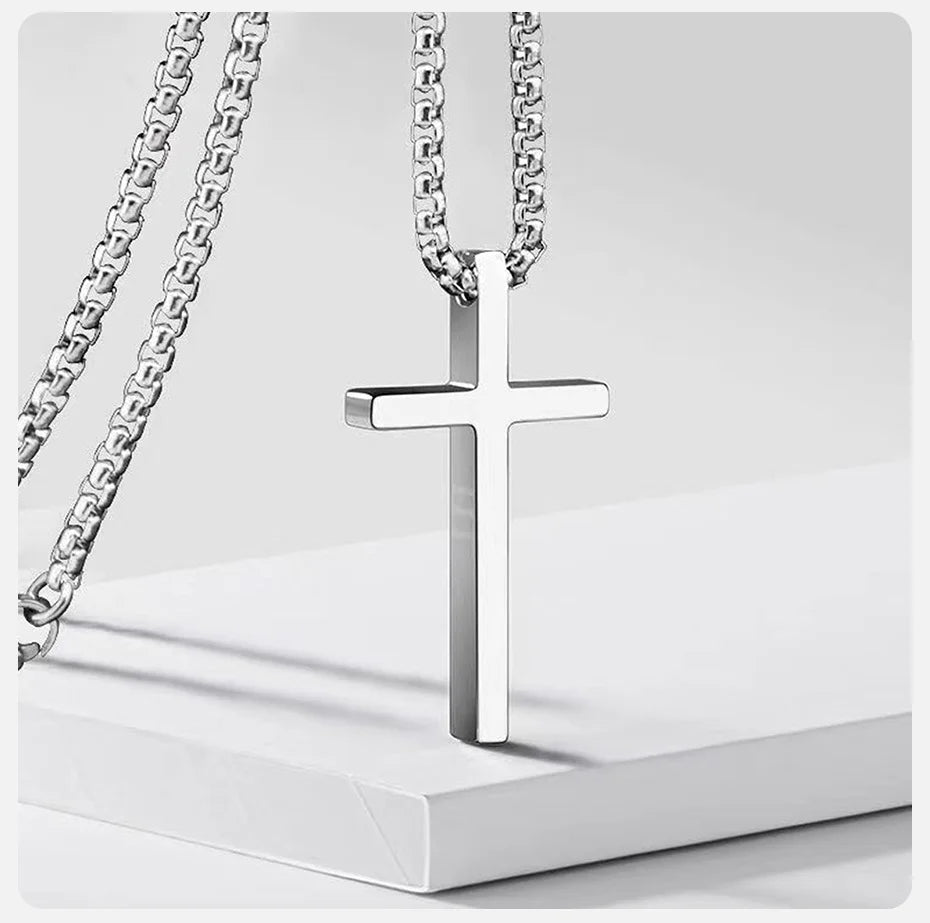 Vnox Cross Necklace for Men Women, Silver Color Plain Cross Pendant Collar with Stainless Steel Box Chain - Clikcy