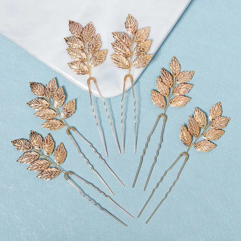 6PCS Gold Leaf Metal Hairpin Fashion Bridal Headdress Hair Accessories Rhinestone Crystal Hair Clips For Women Holiday Gift - Clikcy