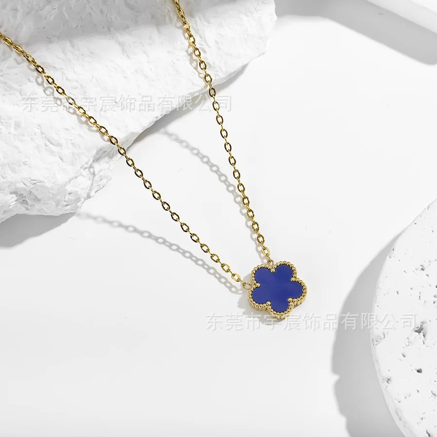 Black Lucky Five Petal Four Leaf Flower Stainless Steel Necklace Gold Plated Clover Jewelry Women Party Wedding Accessories - Clikcy