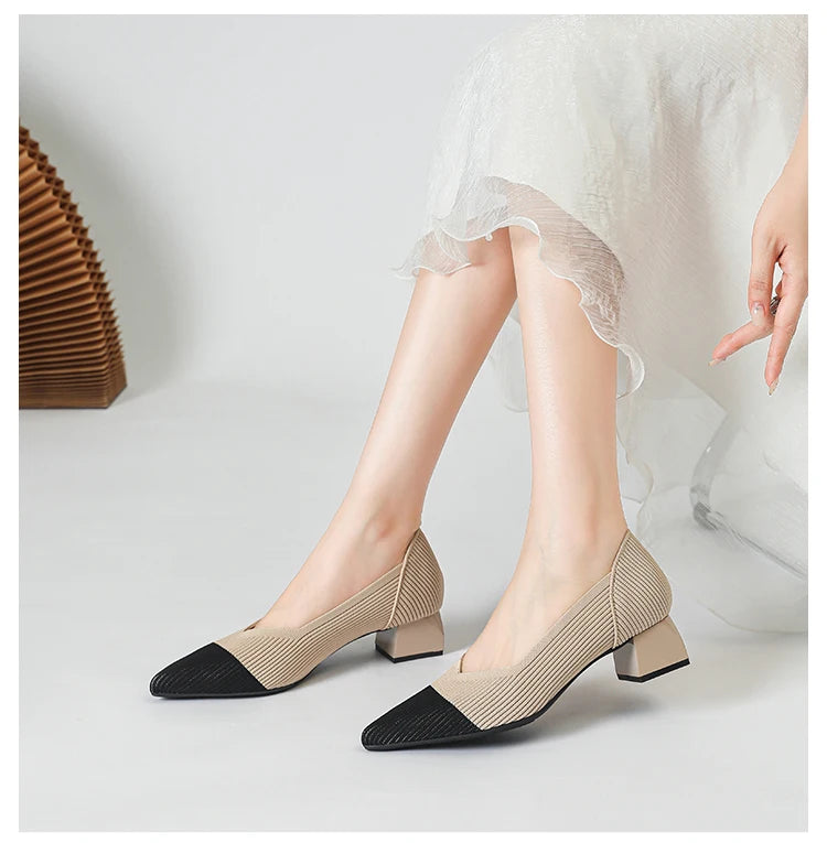 Women's large high-heeled shoes Multicolor pointy knit breathable comfortable anti-skid rubber sole work shoes 2023 new autumn