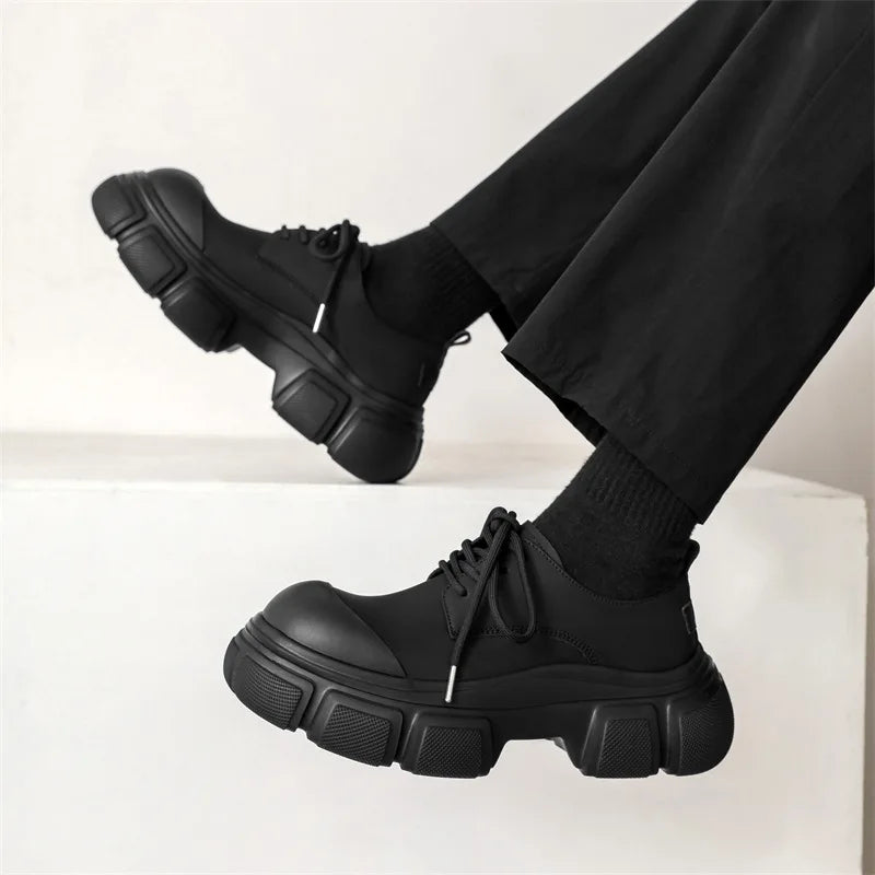 Black Thick Sole Casual Genuine Leather Dress Shoes Men Platform Heighten Japan Harajuku Korean Streetwear Fashion Shoes Man