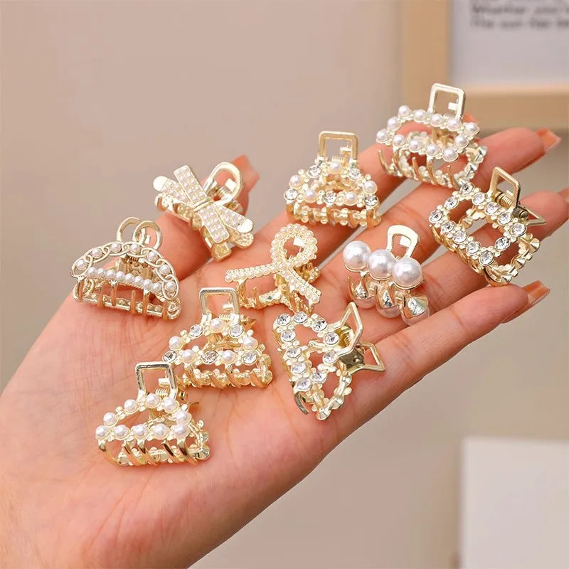 6/8/10PCS/Set Small Rhinestone Pearls Geometric Metal Hair Claws For Women Girls Sweet Mini Hair Clips Hairpins Hair Accessories - Clikcy