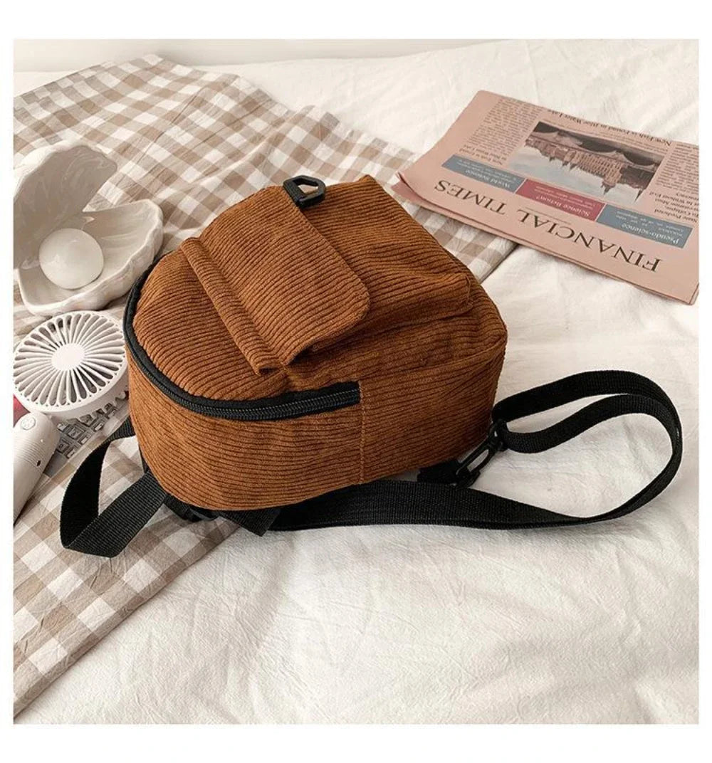 Women's Mini Backpack Fashion Solid Color Corduroy Small Simple Casual Traveling Large Capacity Durable Female's Schoolbag
