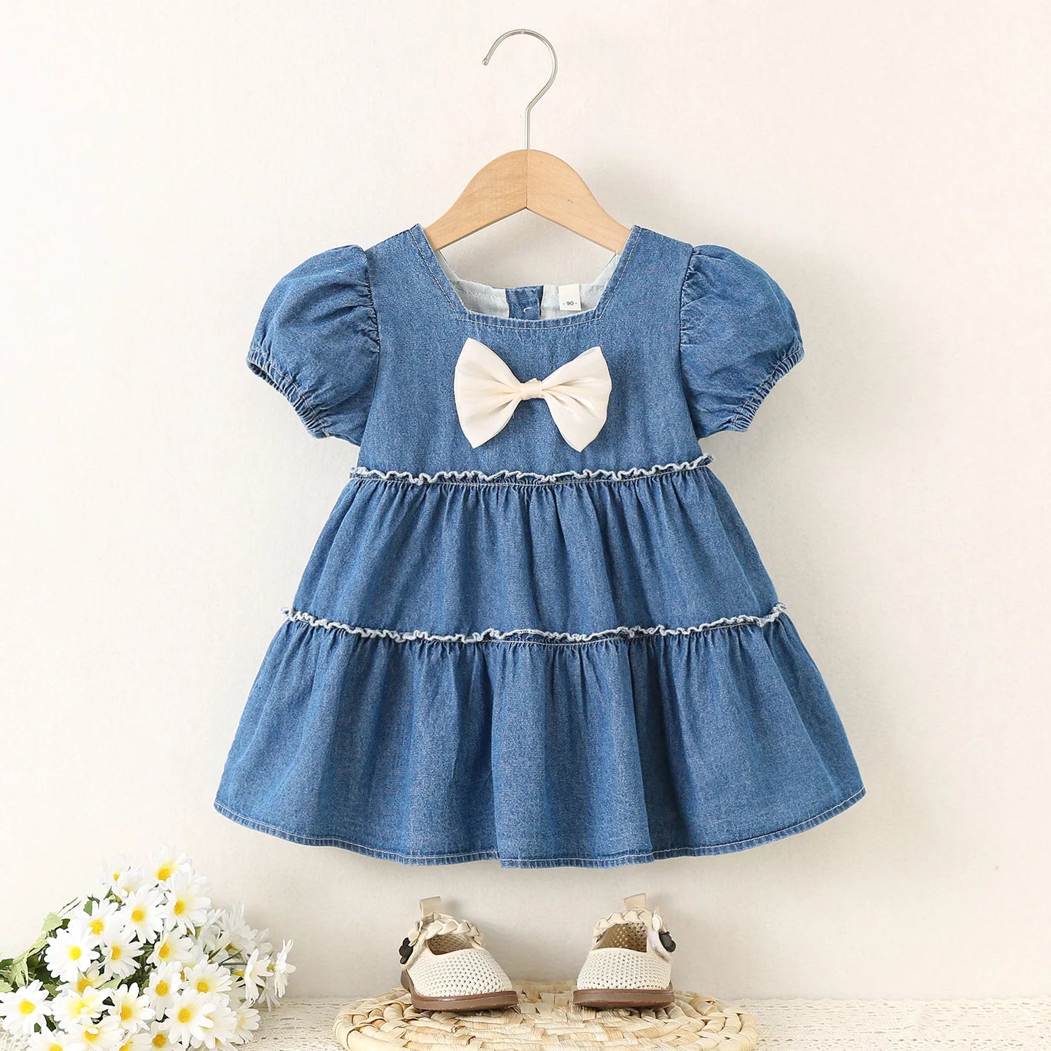 2025 Baby Girls Summer Dress Denim Children Tulip Love Bow Casual Clothes Cotton Soft and Comfort for Kids 1-4 year - Clikcy